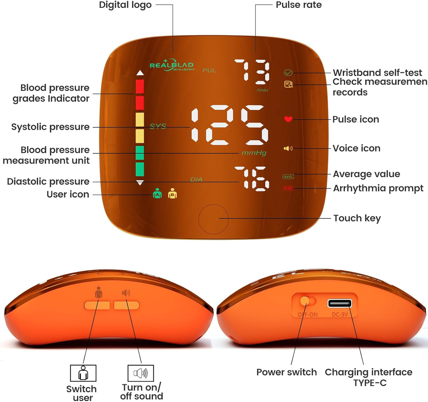 Rechargeable Wrist Blood Pressure Monitor LED Screen encalife