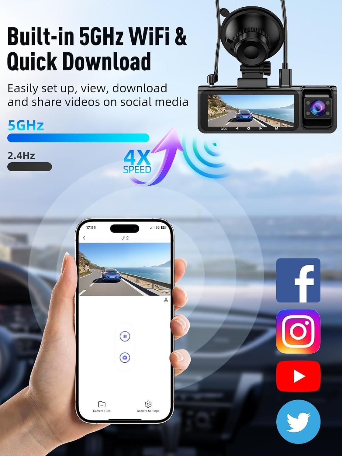 3 Channel 4K Dash Cam I Front Rear Inside WiFi encalife