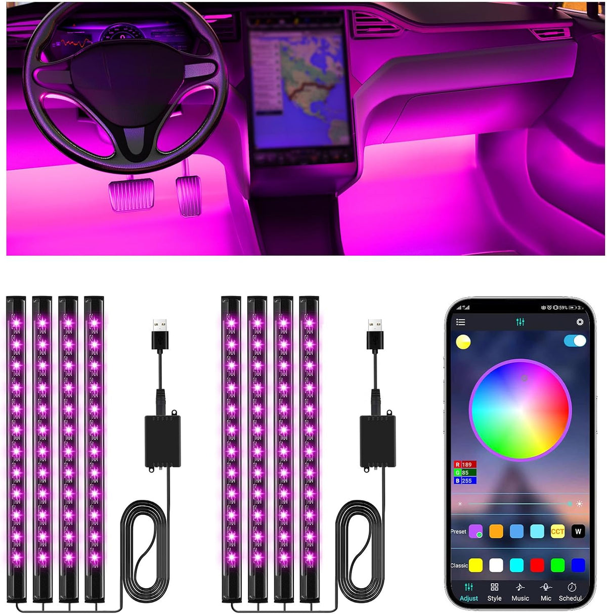 RGB Car Ambient Light Strips encalife