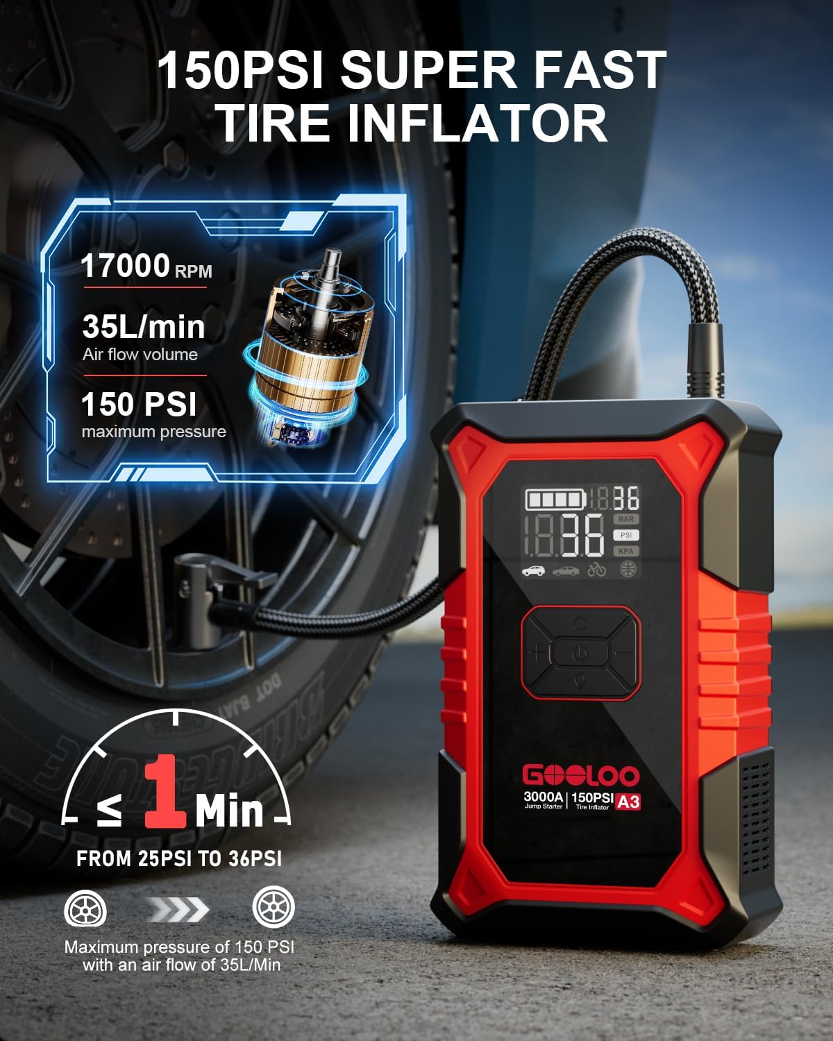 GOOLOO A3 Jump Starter Tire Inflator Kit encalife
