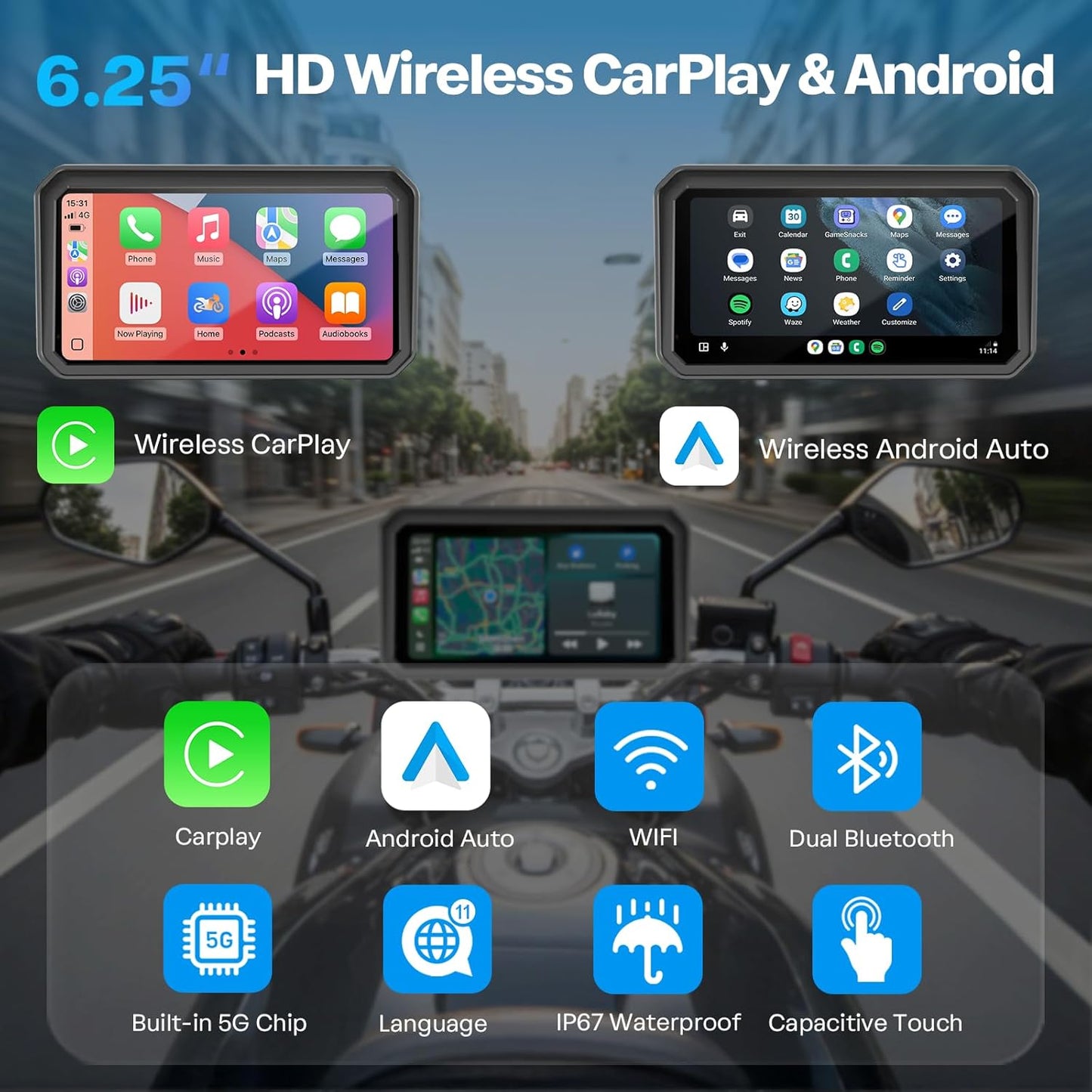 6.25 Inch Motorcycle Carplay Screen Wireless GPS encalife