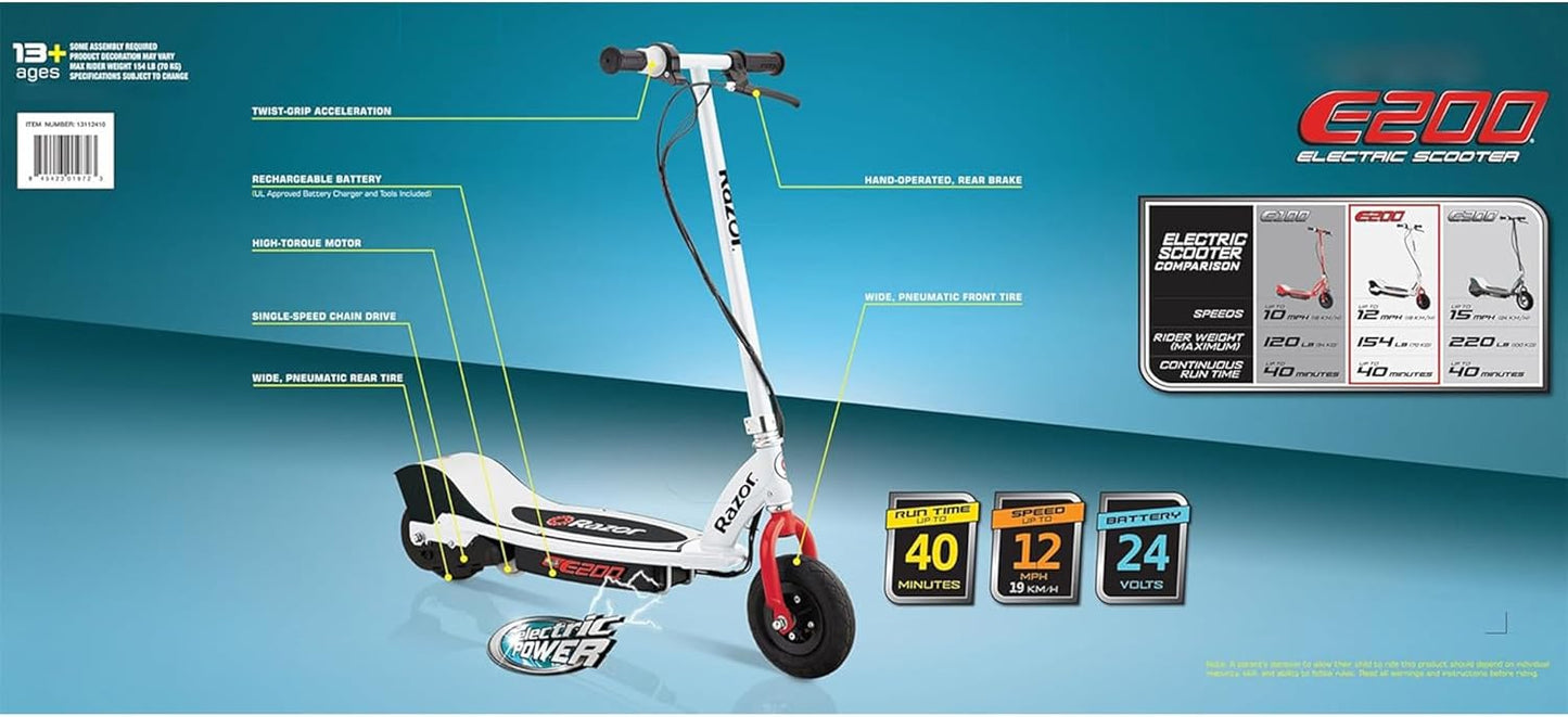 Razor E200 Electric Scooter for Teens I 12 MPH 40-Min Ride encalife
