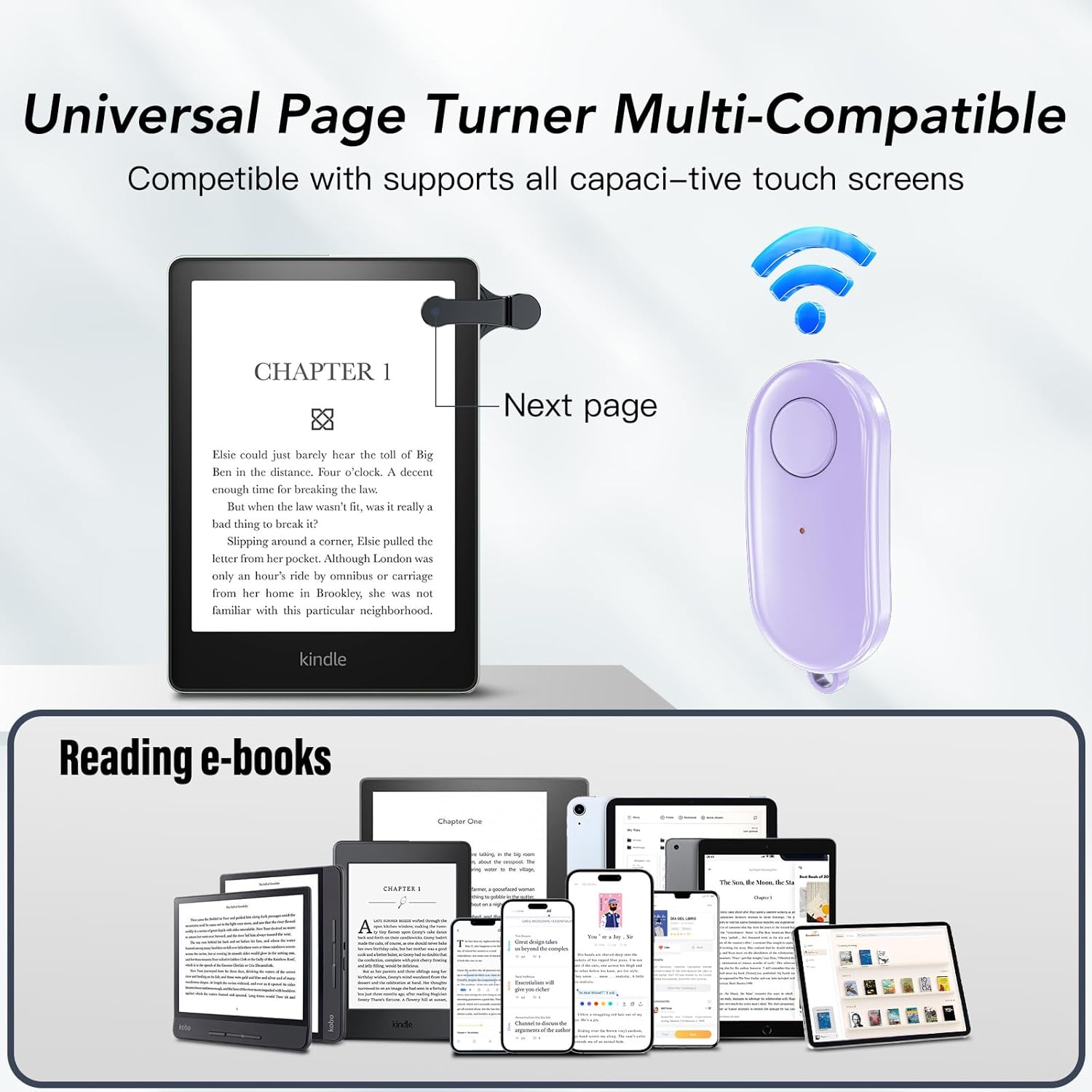 Purple Page Turner Remote for Quiet Bedtime Reading encalife