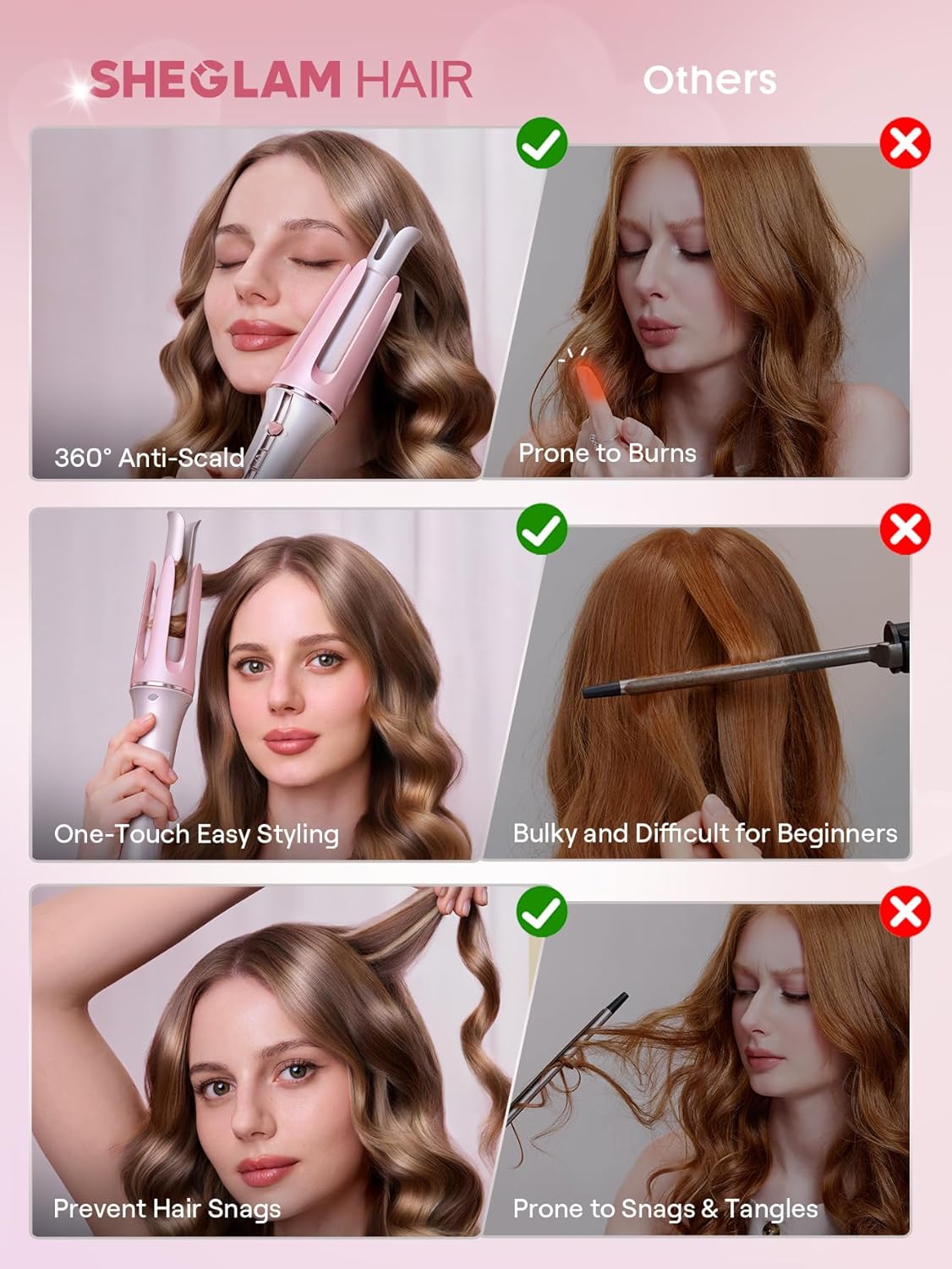 Pink Automatic Curling Iron | SHEGLAM Gift Hair Curler encalife
