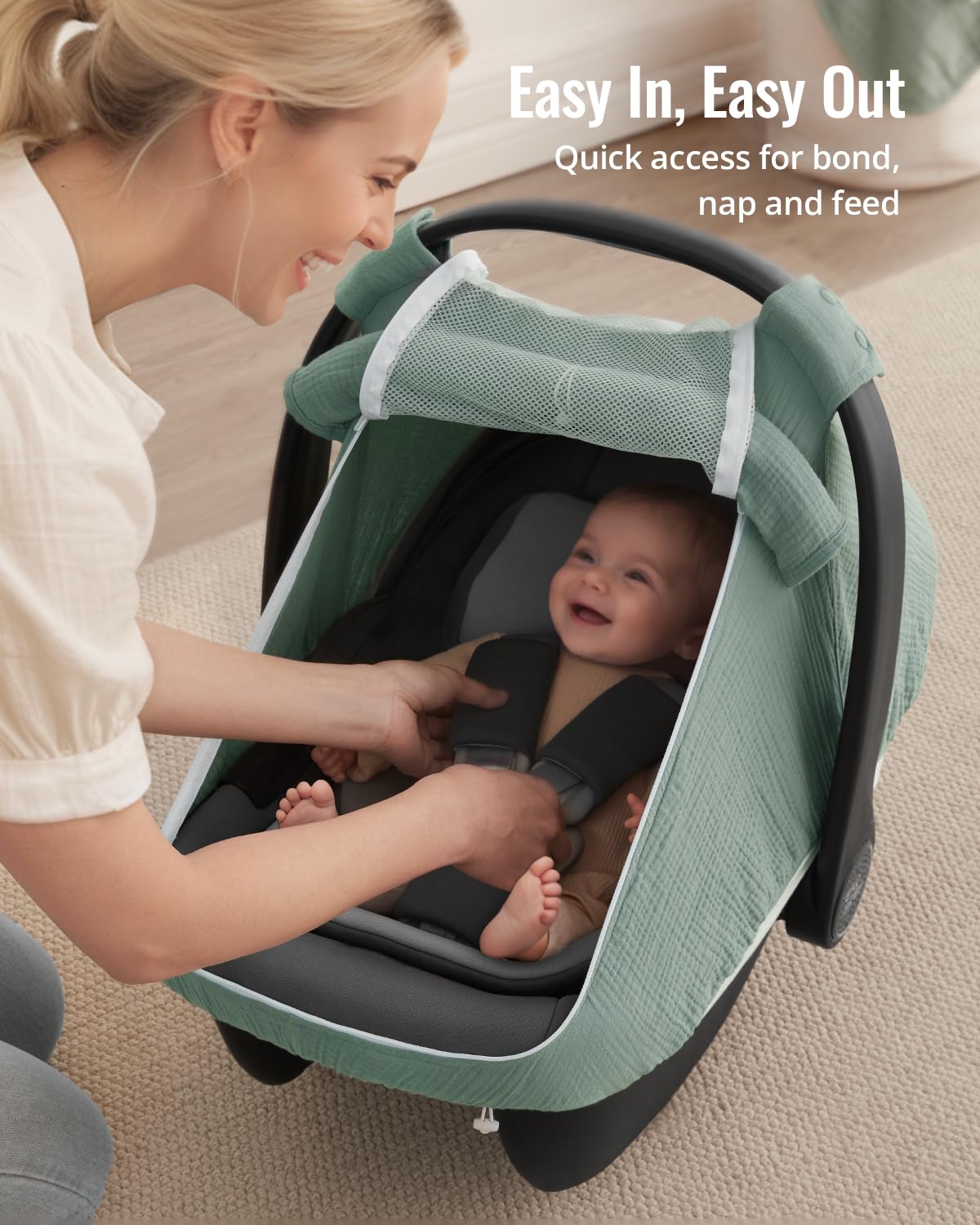 Breathable Baby Car Seat Canopy Cover Muslin Green encalife