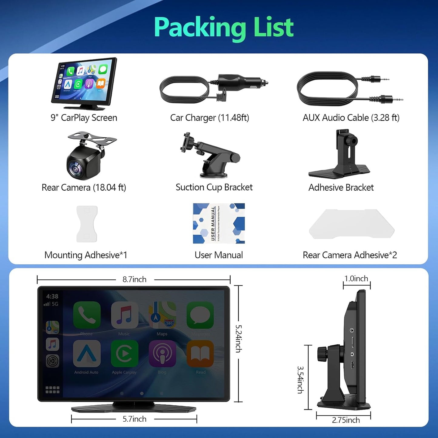 9 Inch Wireless Carplay Screen With Backup Camera encalife