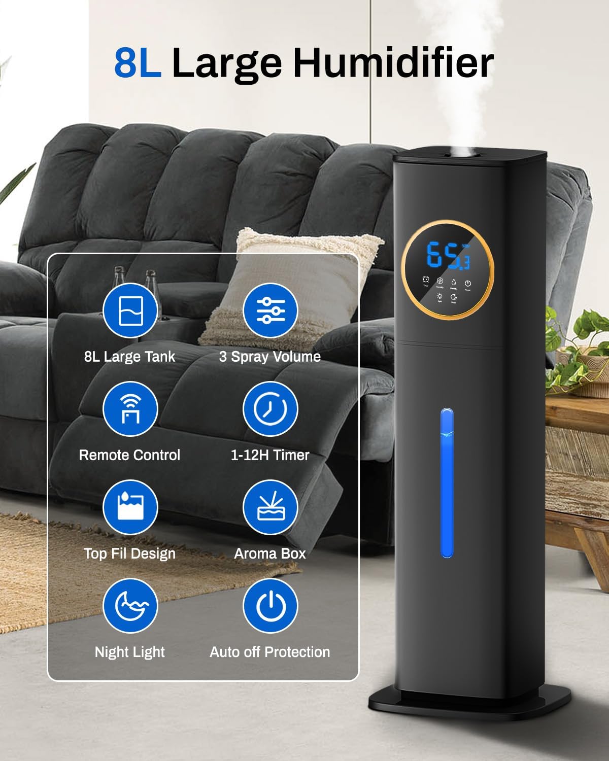 Cool Mist Humidifier | 8L Capacity | With Night Light & Essential Oil Diffuser encalife