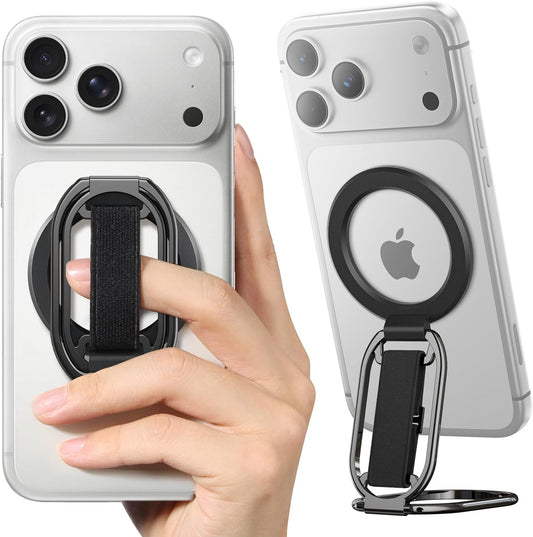 Adjustable MagSafe phone grip strap with multi-angle kickstand
