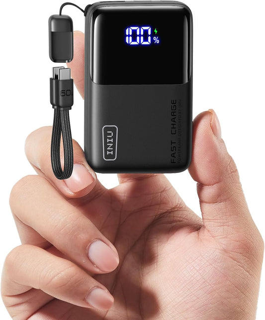 Ultra mini 10000mAh 45W portable power bank with USB-C cable for smartphones and travel