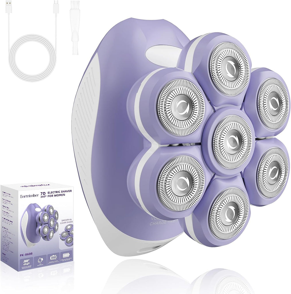 7D electric razor women use for legs, face, underarms, bikini line, and full-body hair removal with waterproof wet and dry functionality.