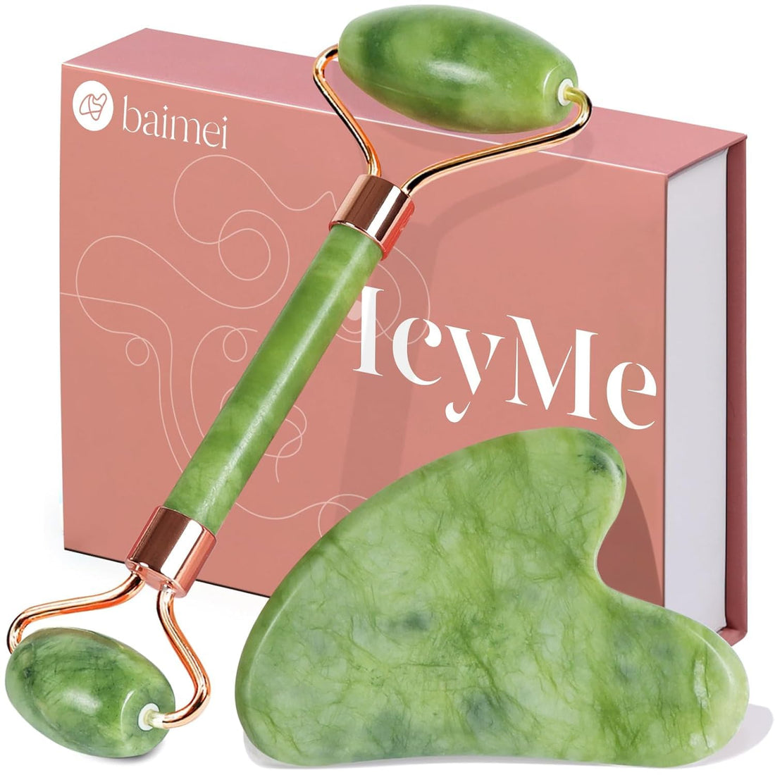 Natural jade roller and gua sha facial massage set for reducing puffiness, relaxing facial muscles, improving skincare routine, and enhancing healthy-looking skin.