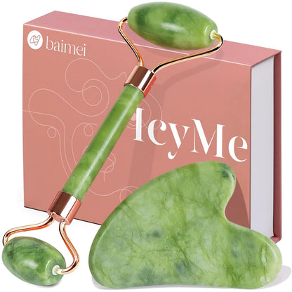Natural jade roller and gua sha facial massage set for reducing puffiness, relaxing facial muscles, improving skincare routine, and enhancing healthy-looking skin.