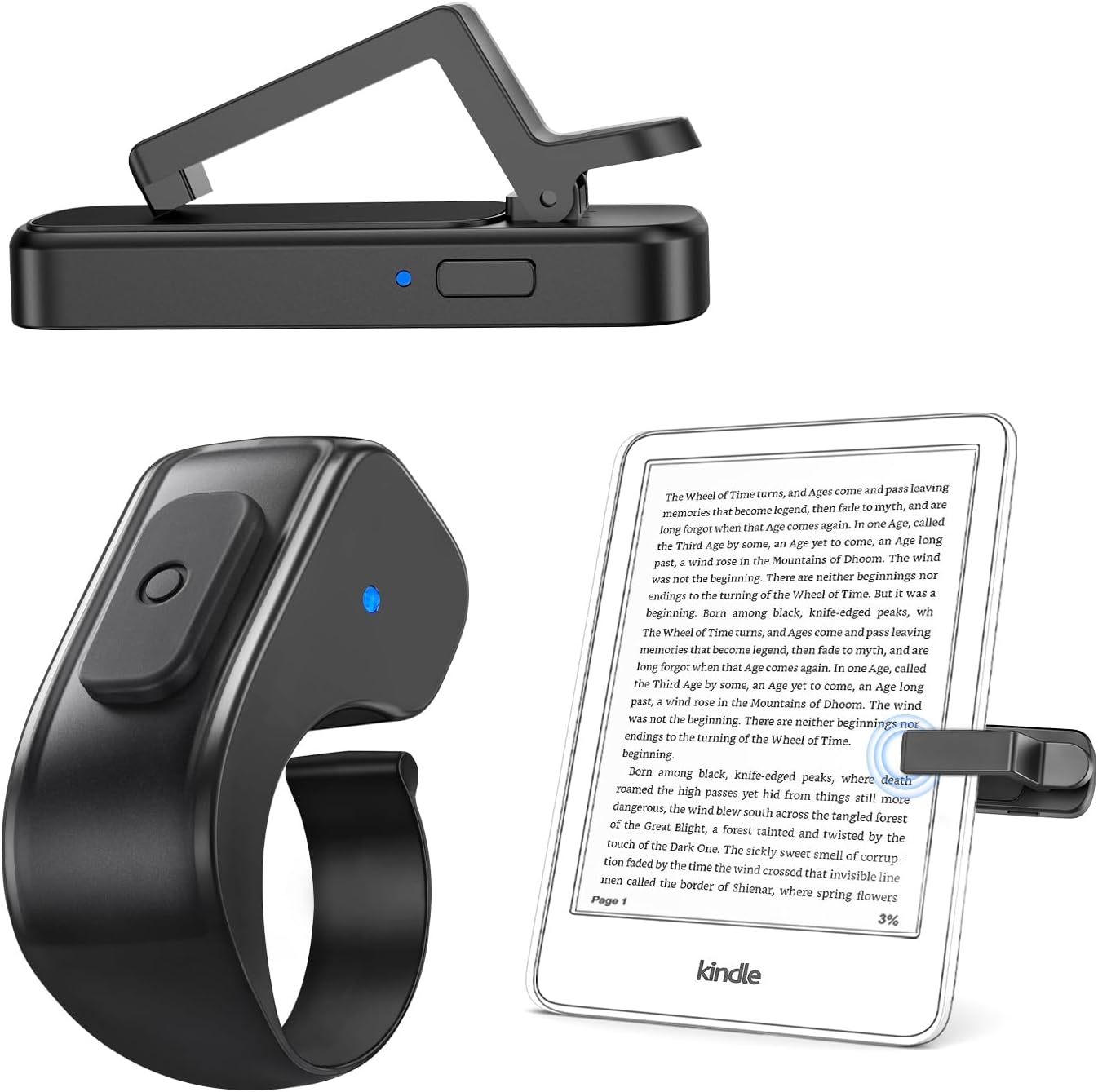 Case friendly Page Turner ring remote clipped to an e reader for quiet hands free reading in bed.