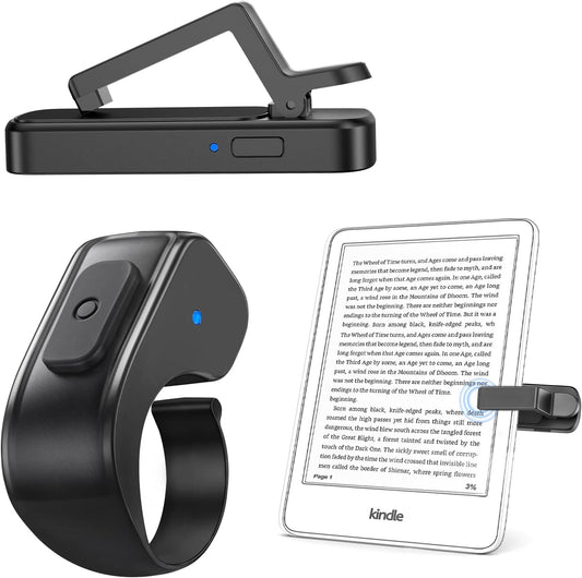 Case friendly Page Turner ring remote clipped to an e reader for quiet hands free reading in bed.