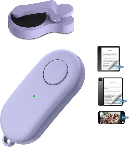 Purple Page Turner clipped to an e reader while a reader turns pages quietly hands free during bedtime reading.