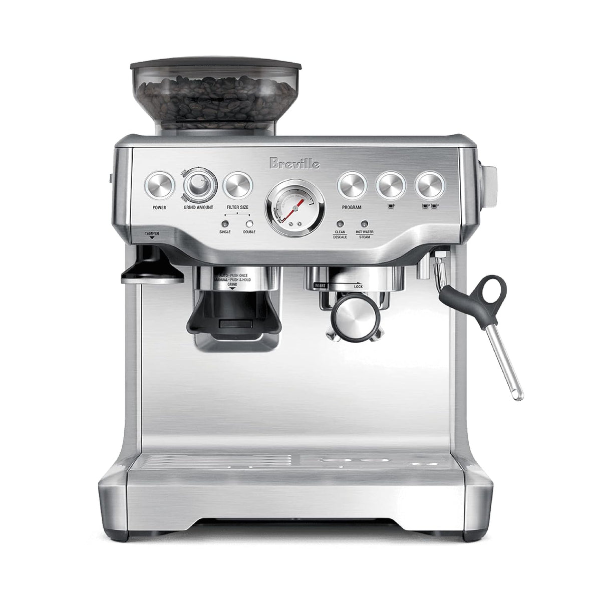 Stainless steel espresso machine with built-in grinder and steam wand