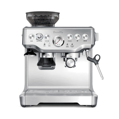 Stainless steel espresso machine with built-in grinder and steam wand