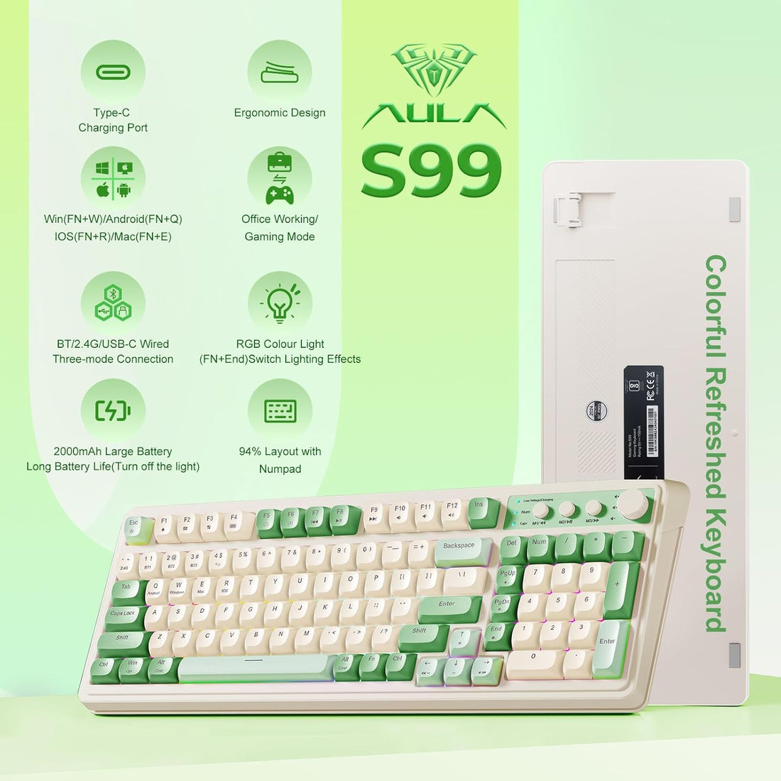AULA S99 Wireless RGB Gaming Keyboard I Green encalife
