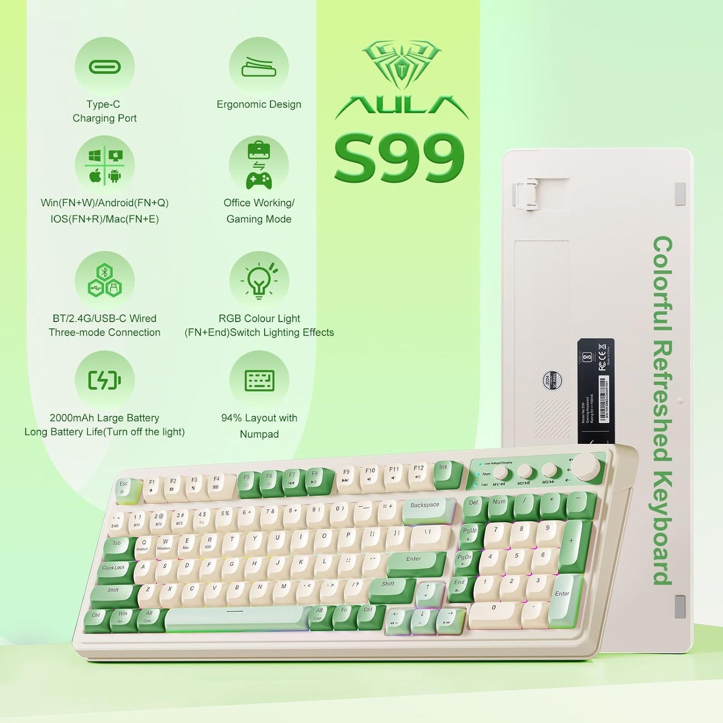 AULA S99 Wireless RGB Gaming Keyboard I Green encalife