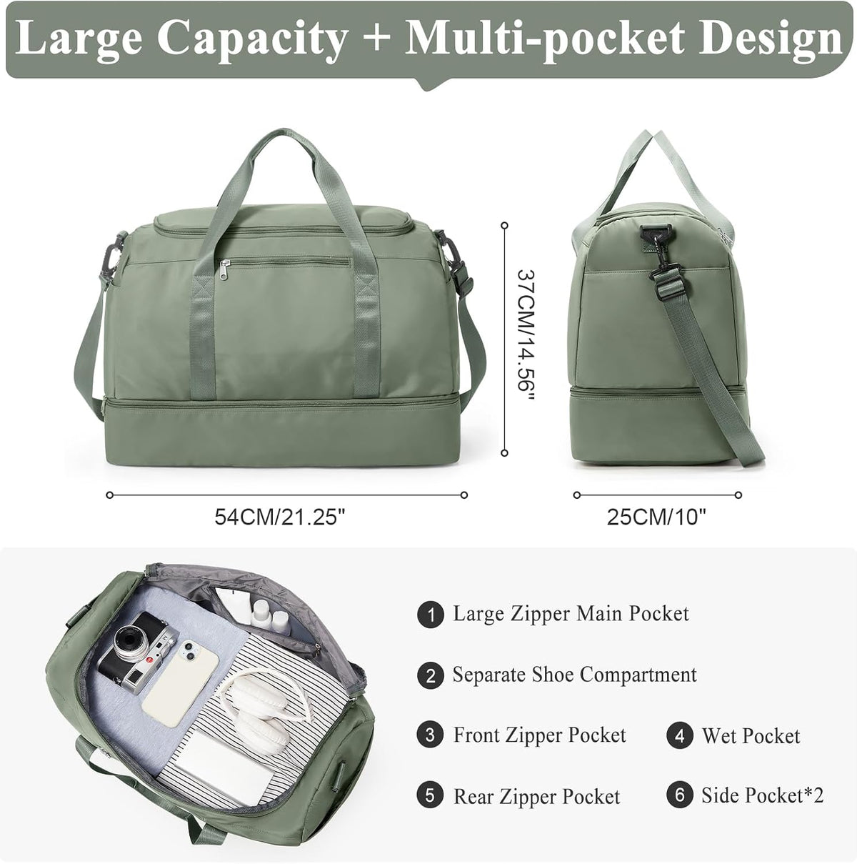 Weekender Bag with Shoe Compartment | Carry on luggage encalife