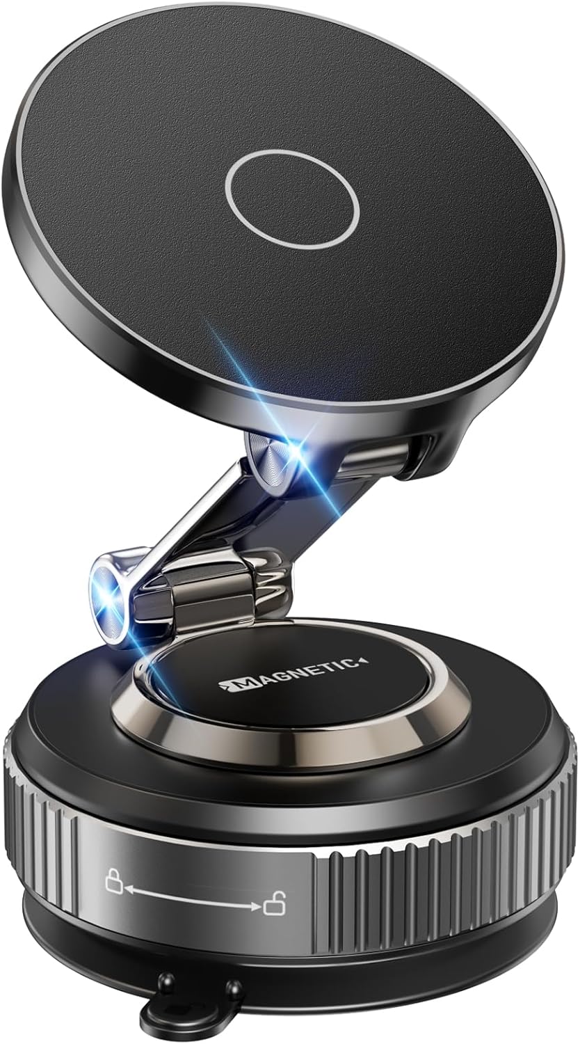 Black magnetic MagSafe car phone mount with foldable suction arm on dashboard