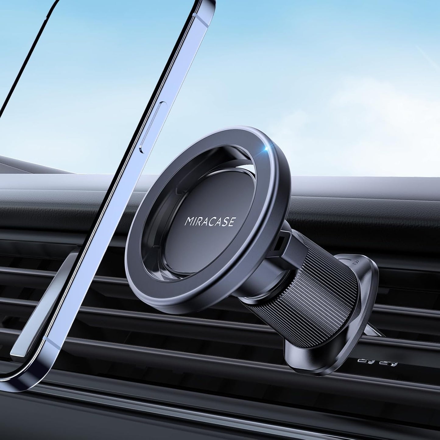 Black magnetic MagSafe air vent car phone mount holding phone for navigation