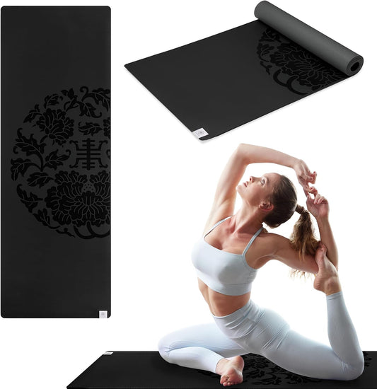 Dry grip non-slip yoga mat with 5mm cushioning designed for yoga, Pilates, stretching, hot yoga, and fitness workouts.