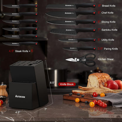15-Piece Kitchen Knife Set with Block – German Steel, Built-in Sharpener encalife