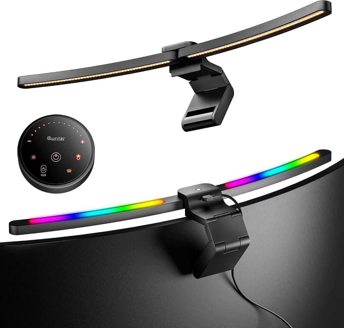 Black foldable curved monitor light bar with adjustable front light and RGB backlighting