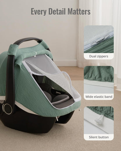 Breathable Baby Car Seat Canopy Cover Muslin Green encalife