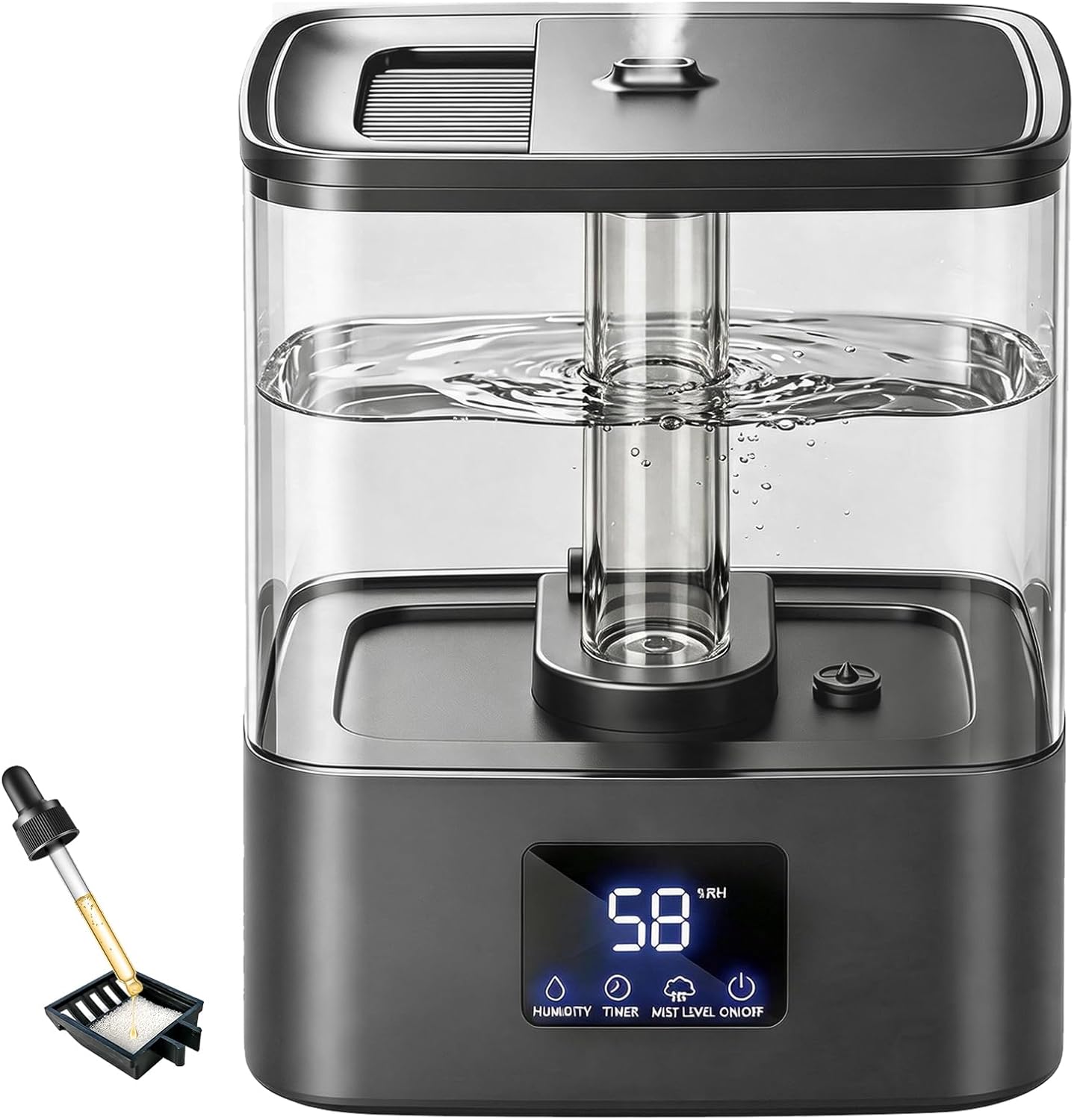 4L top fill cool mist humidifier with humidity display, adjustable mist levels, essential oil tray, and whisper-quiet operation for bedrooms and nurseries.