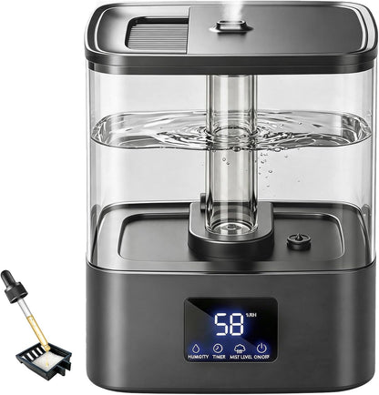 4L top fill cool mist humidifier with humidity display, adjustable mist levels, essential oil tray, and whisper-quiet operation for bedrooms and nurseries.