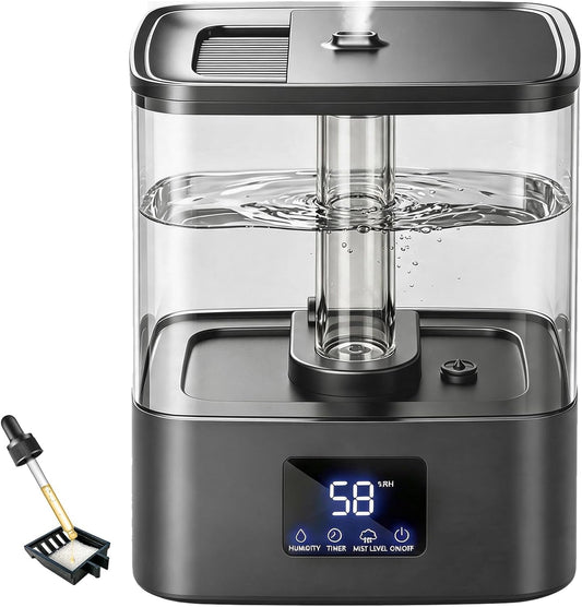 4L top fill cool mist humidifier with humidity display, adjustable mist levels, essential oil tray, and whisper-quiet operation for bedrooms and nurseries.