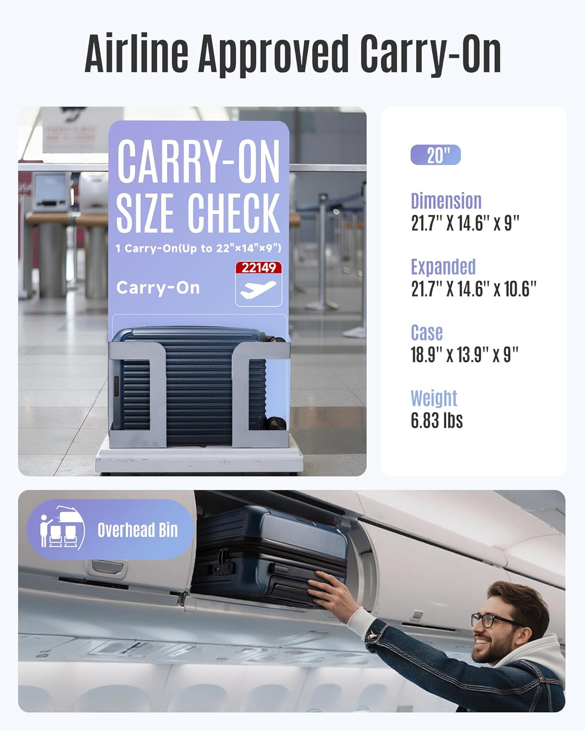 Flight Carry-On Luggage I 22x14x9 Hardside Spinner Suitcase encalife