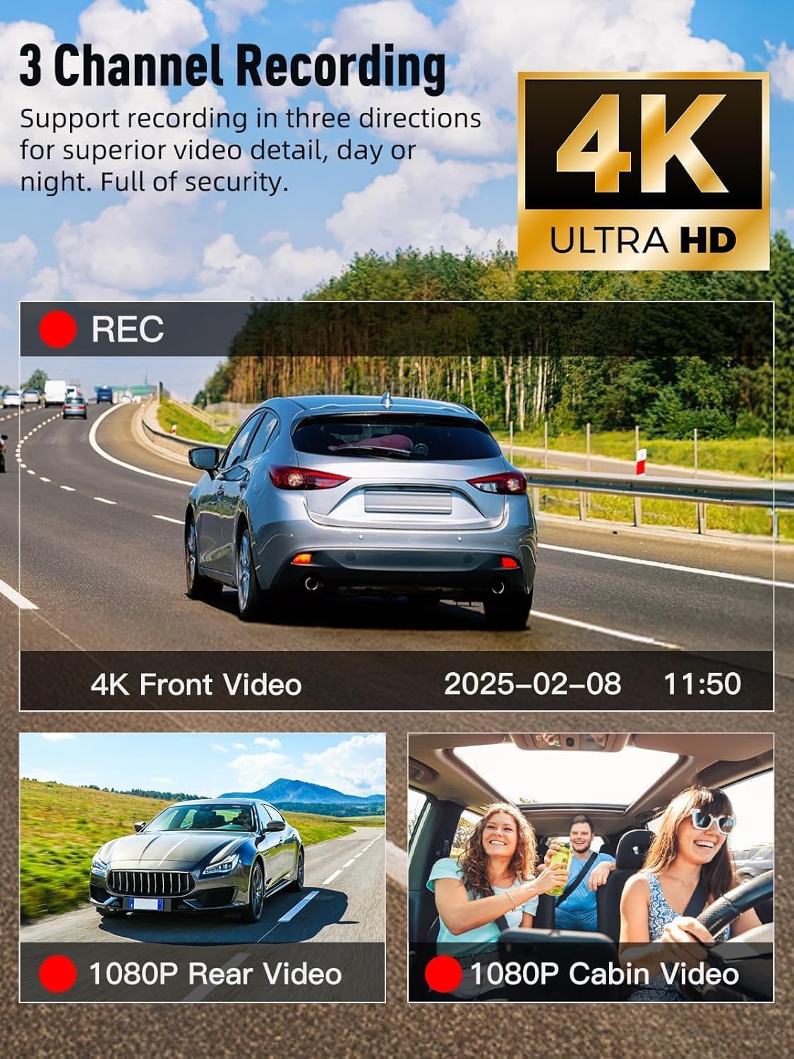 3 Channel 4K Dash Cam I Front Rear Inside WiFi encalife