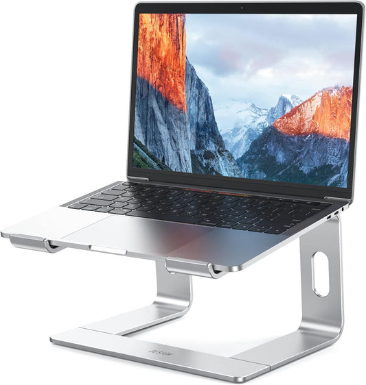 Silver laptop riser with ergonomic raised design