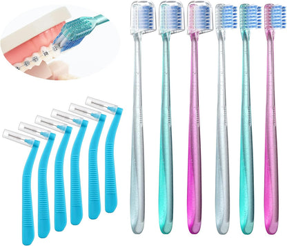 Orthodontic toothbrush set with six colorful manual toothbrushes, protective brush-head covers, and six blue interdental brushes.