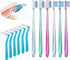 Orthodontic toothbrush set with six colorful manual toothbrushes, protective brush-head covers, and six blue interdental brushes.