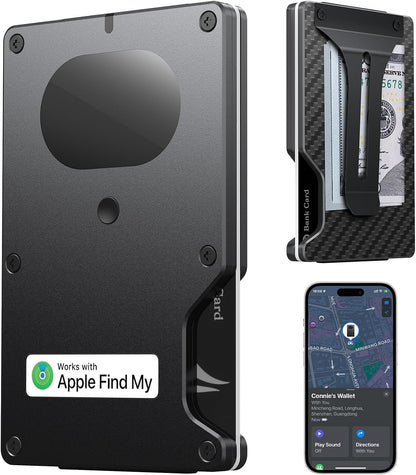 Encalife black carbon fiber smart tracking wallet for men featuring a slim metal card holder, external money clip, RFID-blocking design, and smartphone location-finding display.