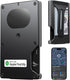 Encalife black carbon fiber smart tracking wallet for men featuring a slim metal card holder, external money clip, RFID-blocking design, and smartphone location-finding display.