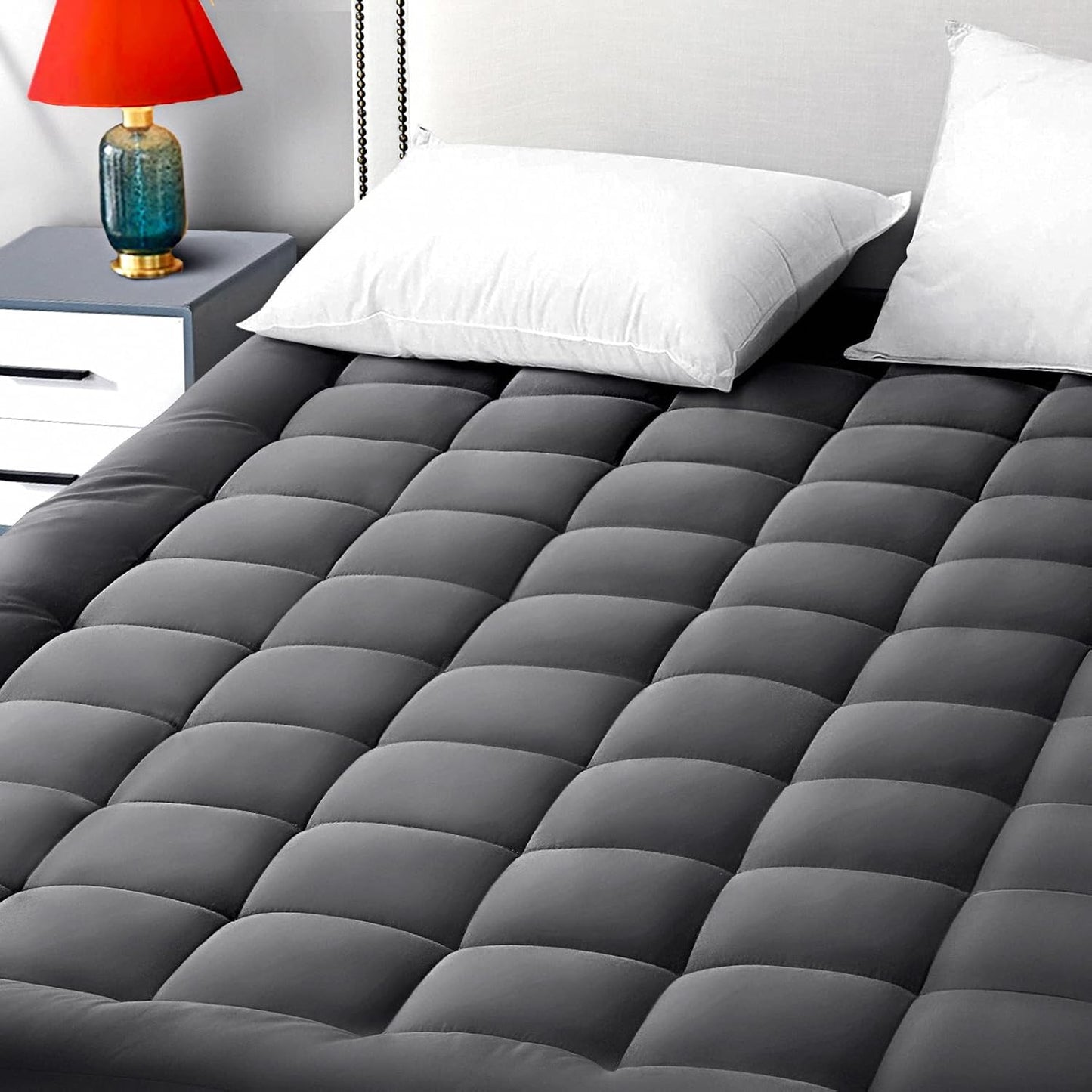 Dark gray deep-pocket mattress pad with down-alternative cushioning