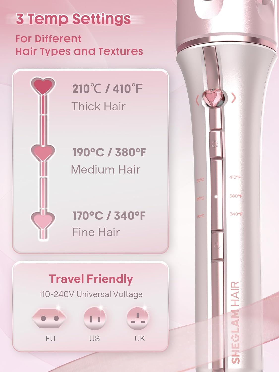 Pink Automatic Curling Iron | SHEGLAM Gift Hair Curler encalife