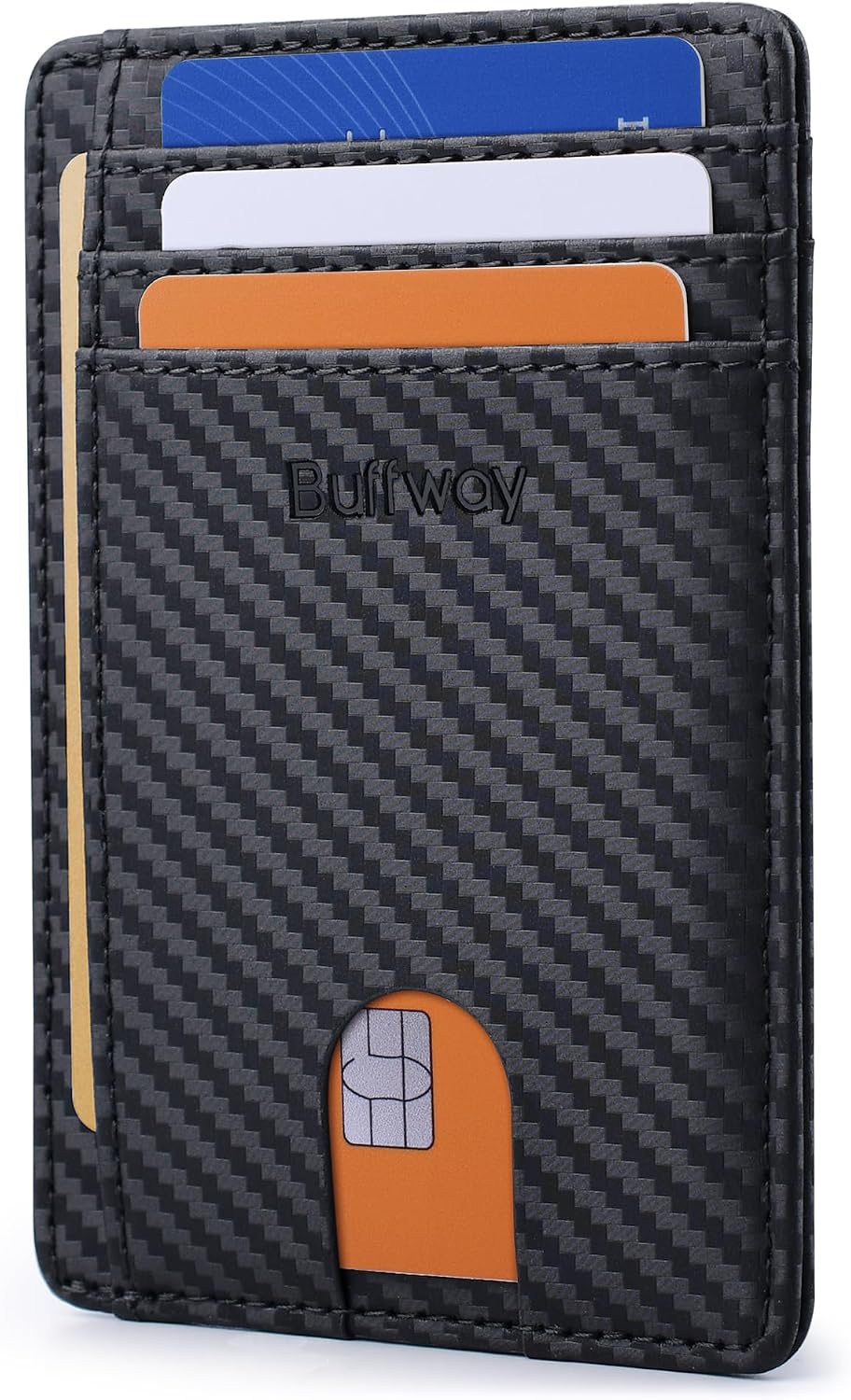  slim RFID wallet for men in black carbon-fiber-pattern faux leather, featuring multiple card slots and a front thumb-access cutout.