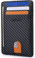  slim RFID wallet for men in black carbon-fiber-pattern faux leather, featuring multiple card slots and a front thumb-access cutout.