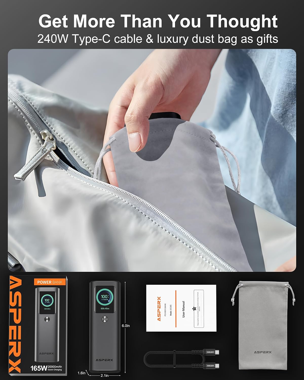 165W Laptop Power Bank 20,000mAh Retractable Cable encalife