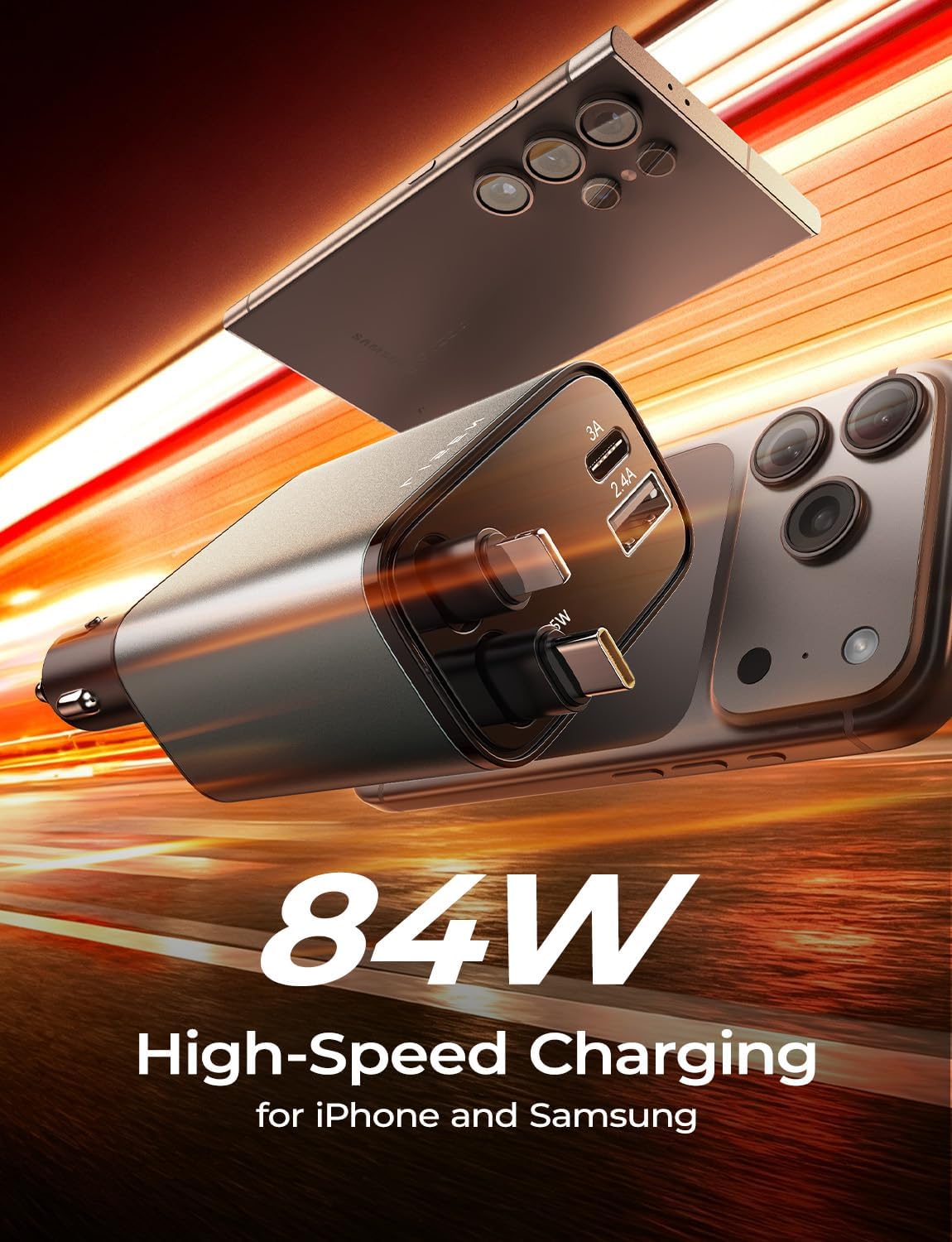 84W Retractable Car Charger 4 in 1 encalife