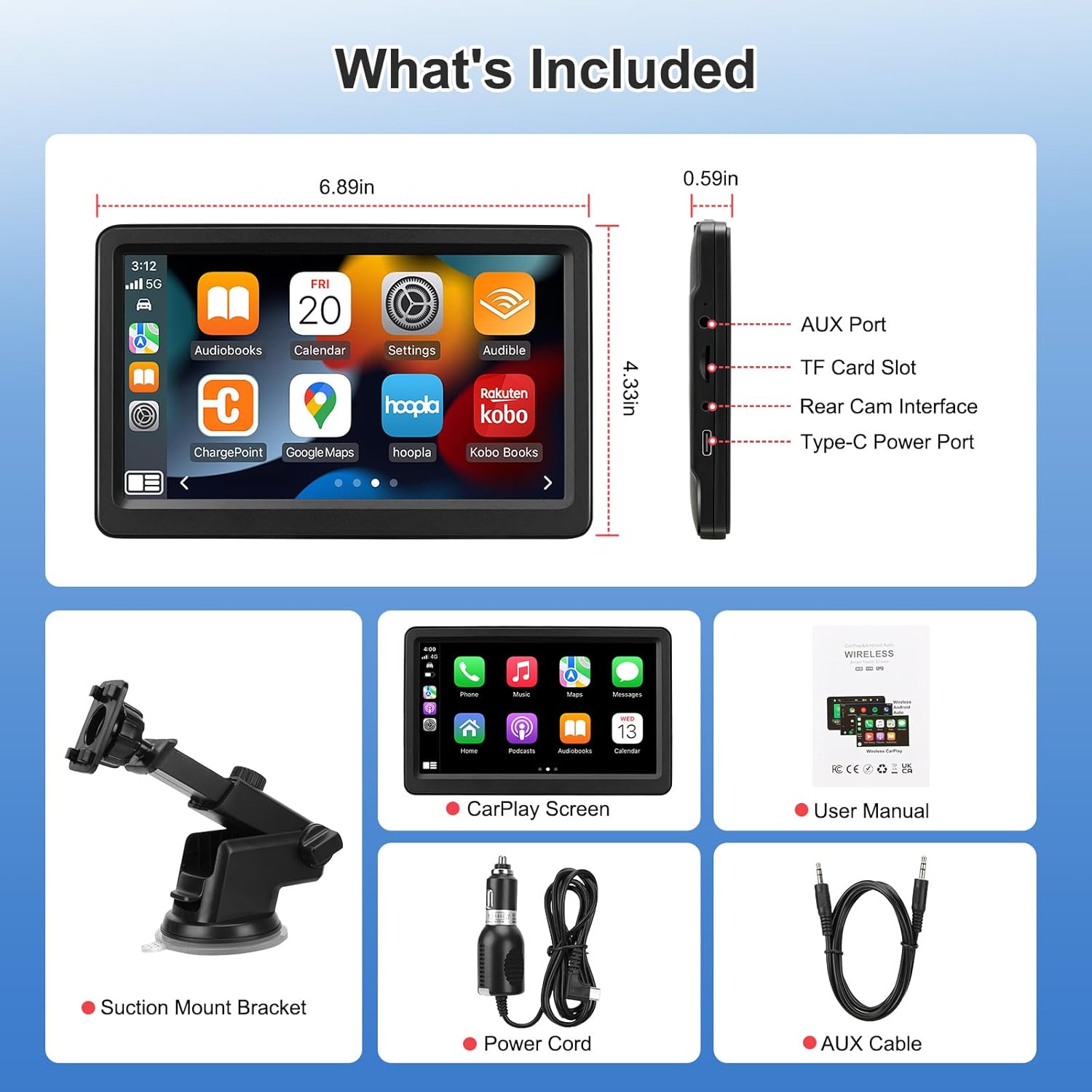 7 Inch Wireless Carplay Screen Portable Touchscreen encalife