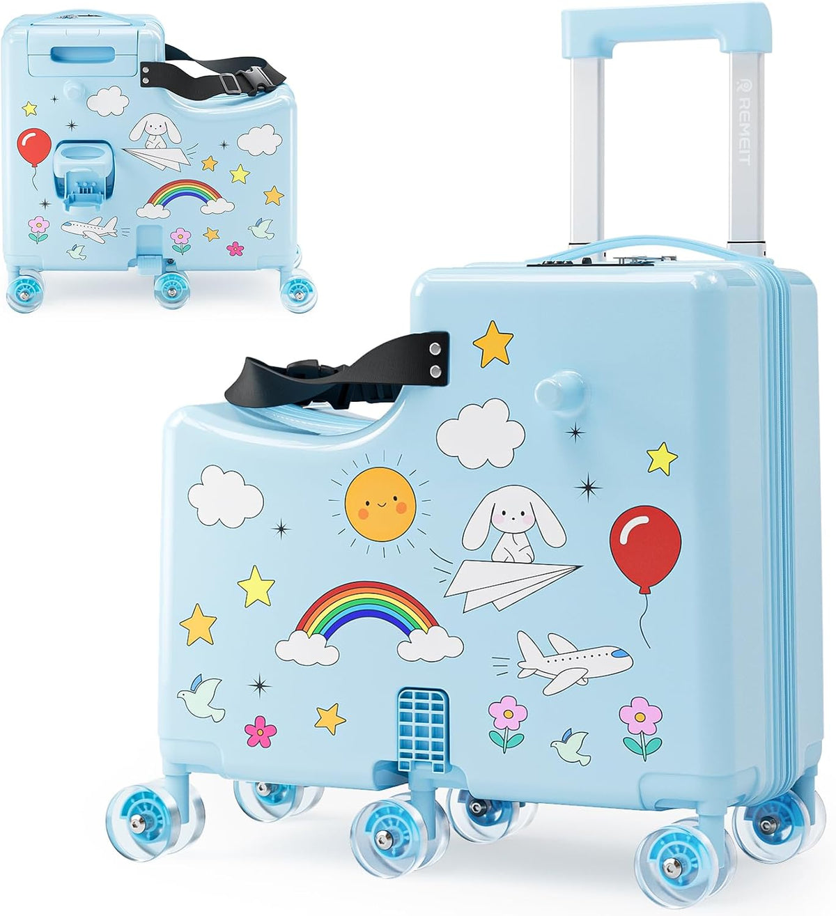 Blue kids ride on suitcase with 6 spinner wheels