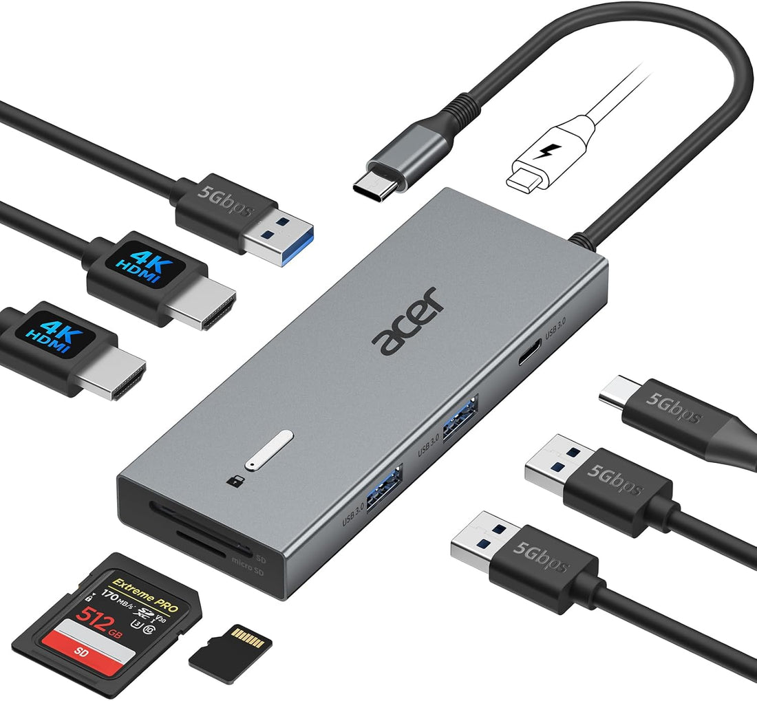 9-in-1 USB-C docking station with dual HDMI 4K monitor ports, USB, SD card and 100W PD