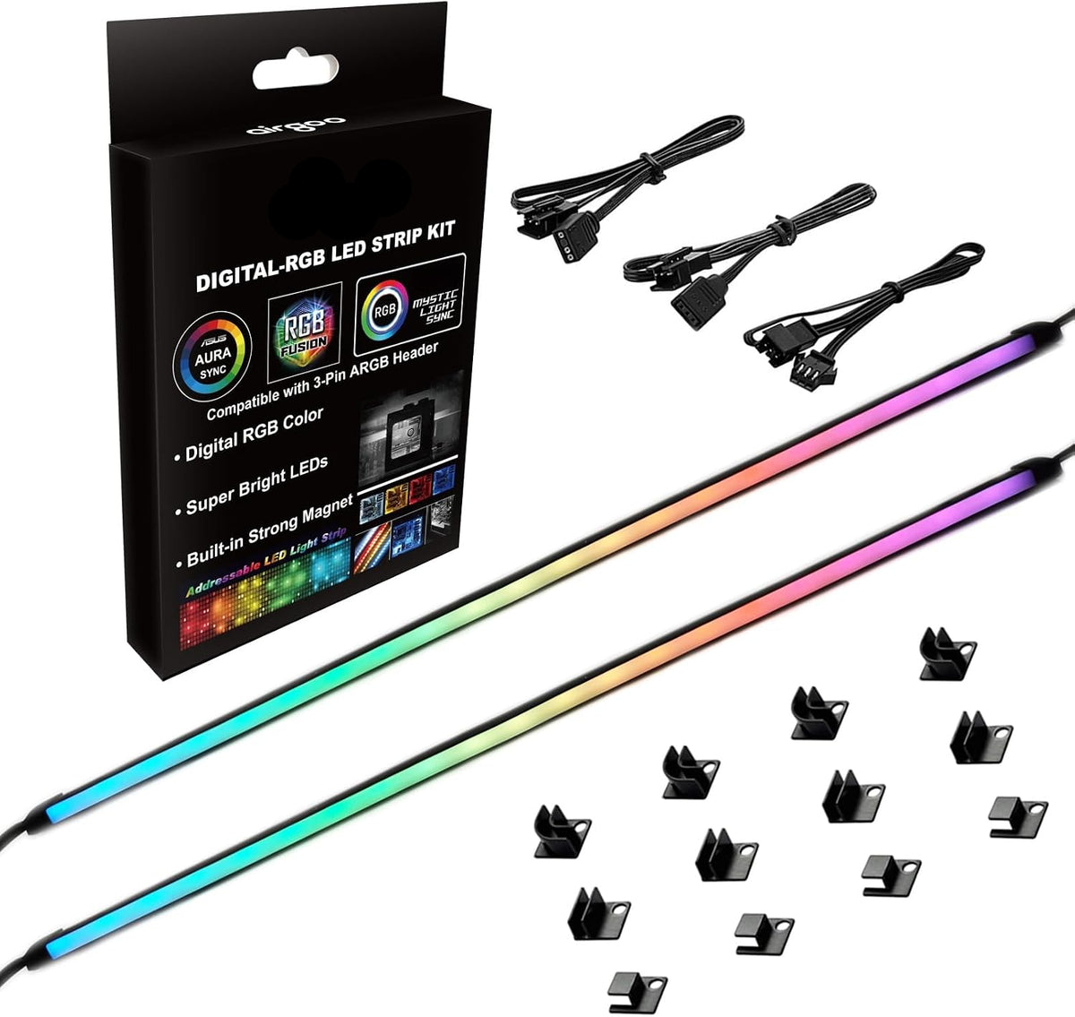 RGB Lighting ARGB PC case neon LED strips with silicone housings, magnetic mounting brackets, and extension cables